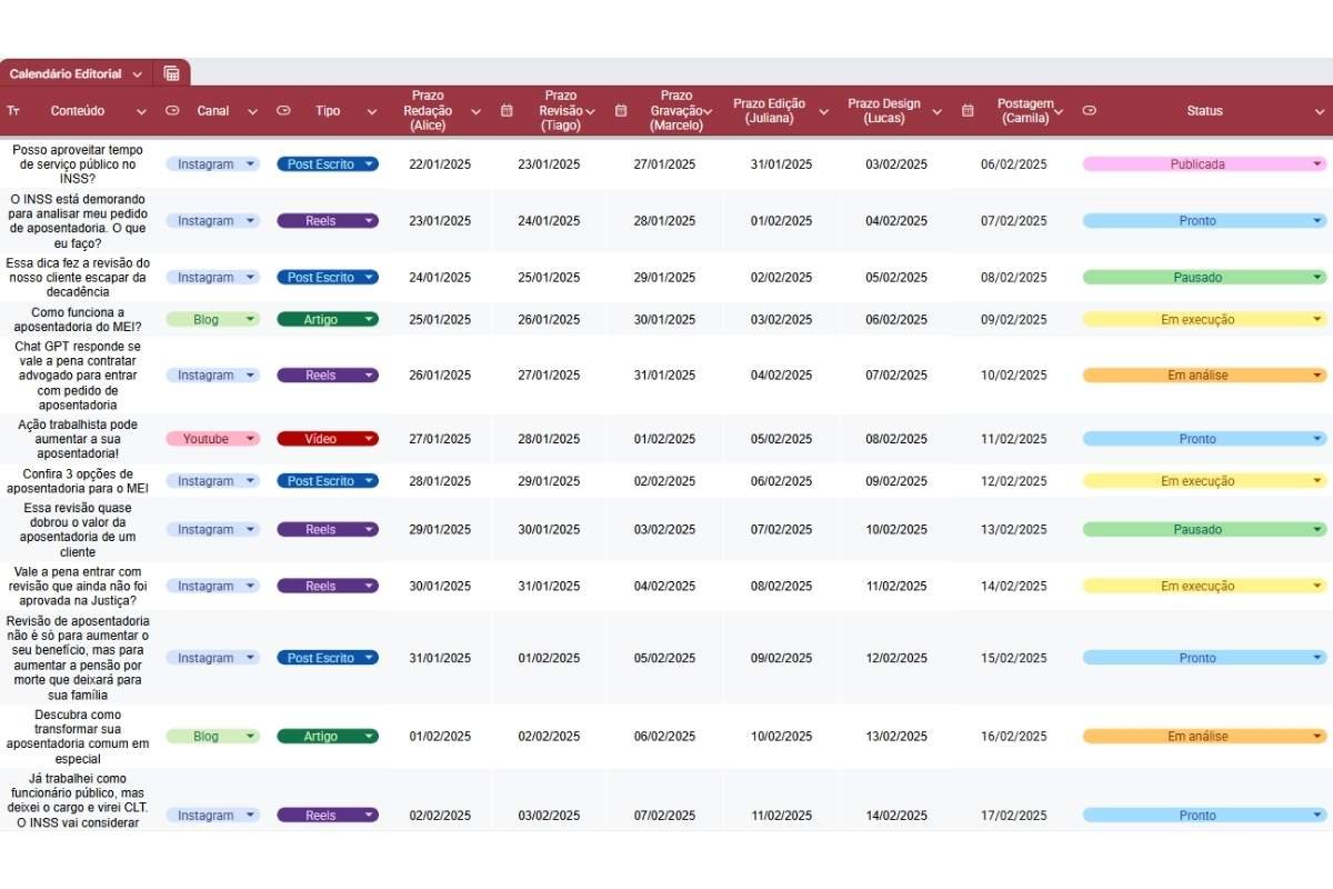 Modelo de calendário editorial jurídico completo em planilha no Google Sheets, com colunas de tarefas, prazos, responsáveis e status.