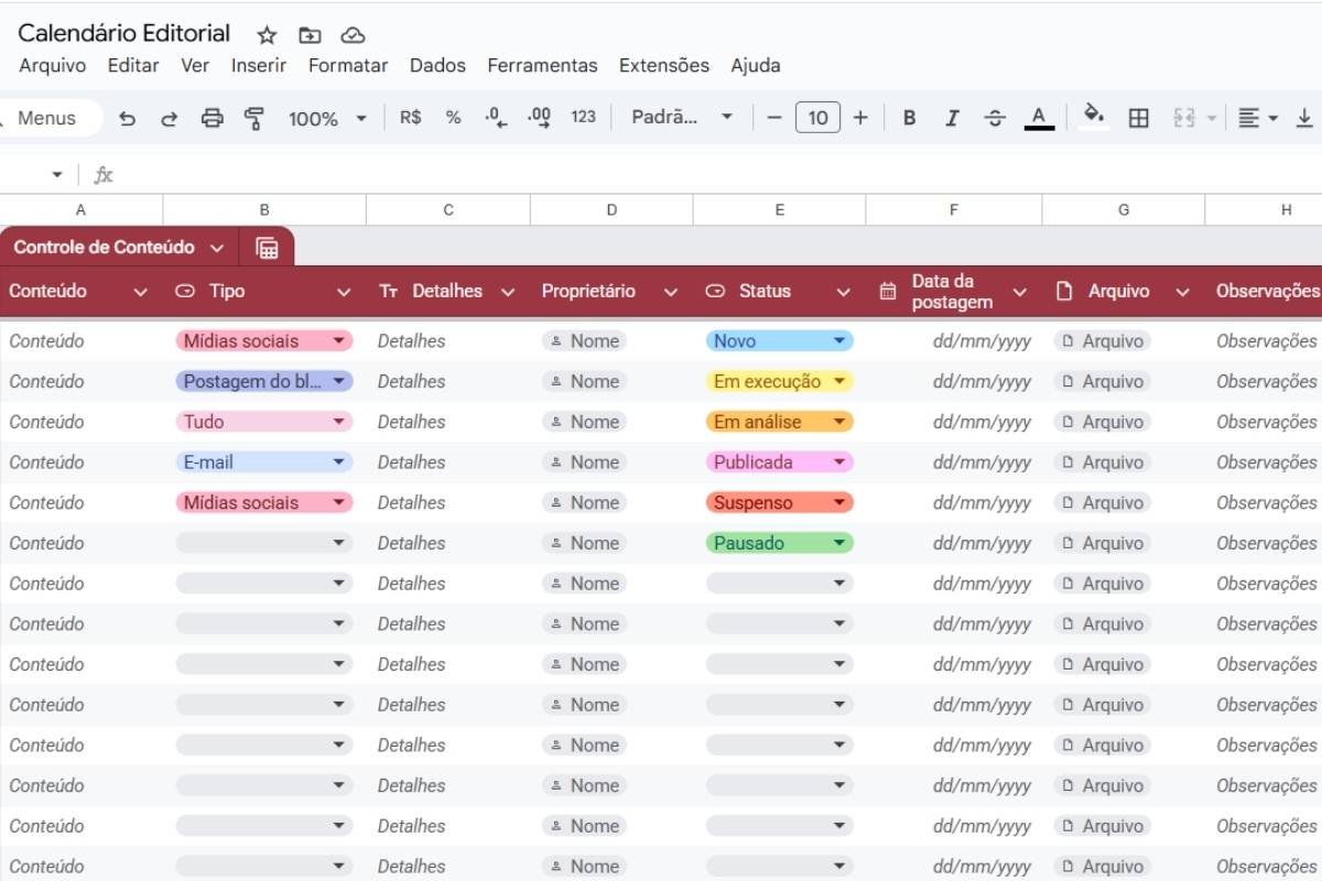 Modelo de calendário editorial no Google Sheets, que pode ser adaptado para um calendário editorial jurídico.