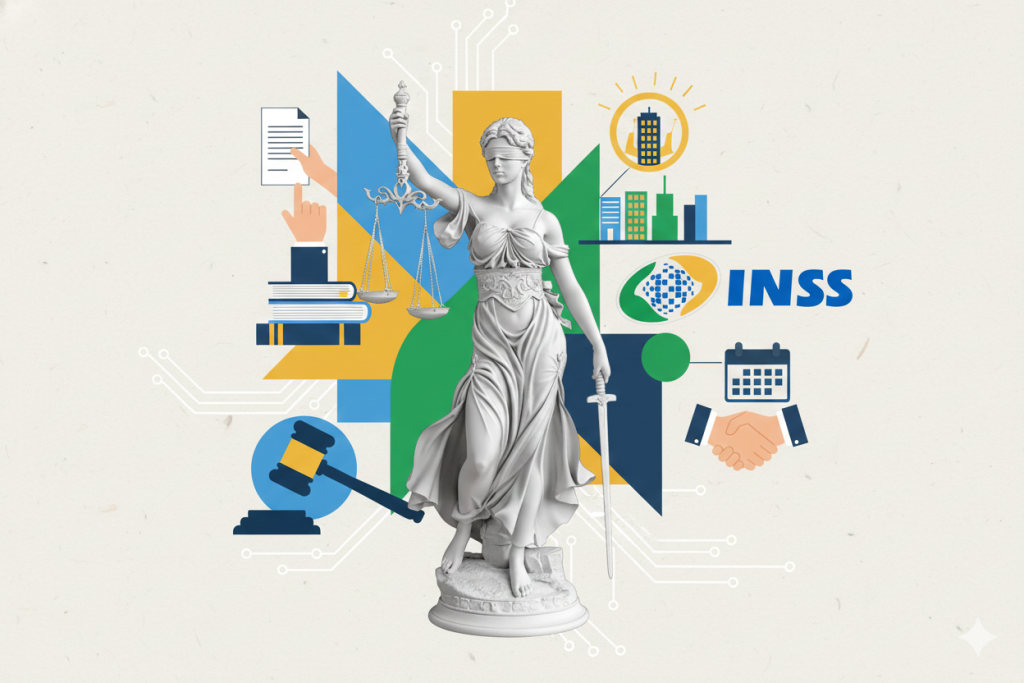 Imagem com estilo de colagem. Fundo claro apresentando uma estátua branca da dama da Justiça ao centro. À esquerda, há ícones de um malhete de juiz, livros de lei e mãos manuseando um documento. À direita, destaca-se o logotipo do INSS, além de ícones de um calendário, aperto de mãos e prédios. O fundo é composto por formas geométricas em azul, amarelo e verde, decorado com linhas que remetem a circuitos digitais.