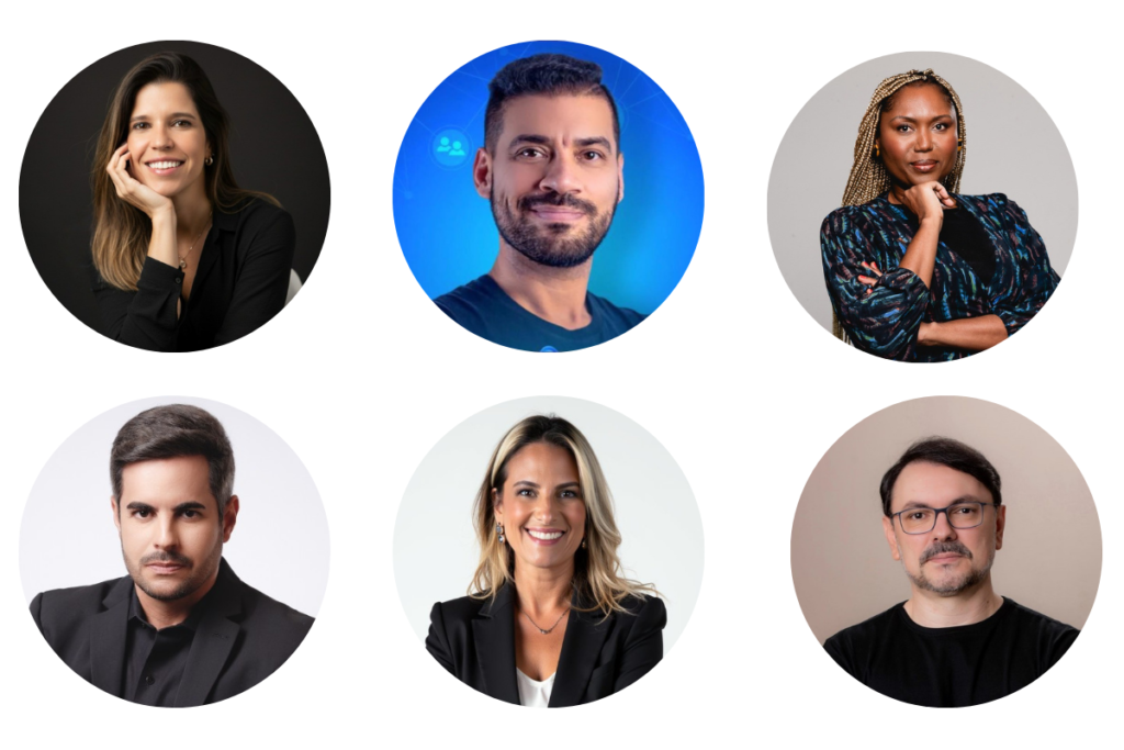 Uma montagem com 6 exemplos de fotos para ilustrar como deixar o perfil do LinkedIn atrativo. As imagens mostram homens e mulheres com diferentes estilos de vestimenta (social e casual), fundos neutros ou levemente coloridos, e expressões que transmitem confiança e simpatia, demonstrando boas práticas de enquadramento e iluminação para a rede social.