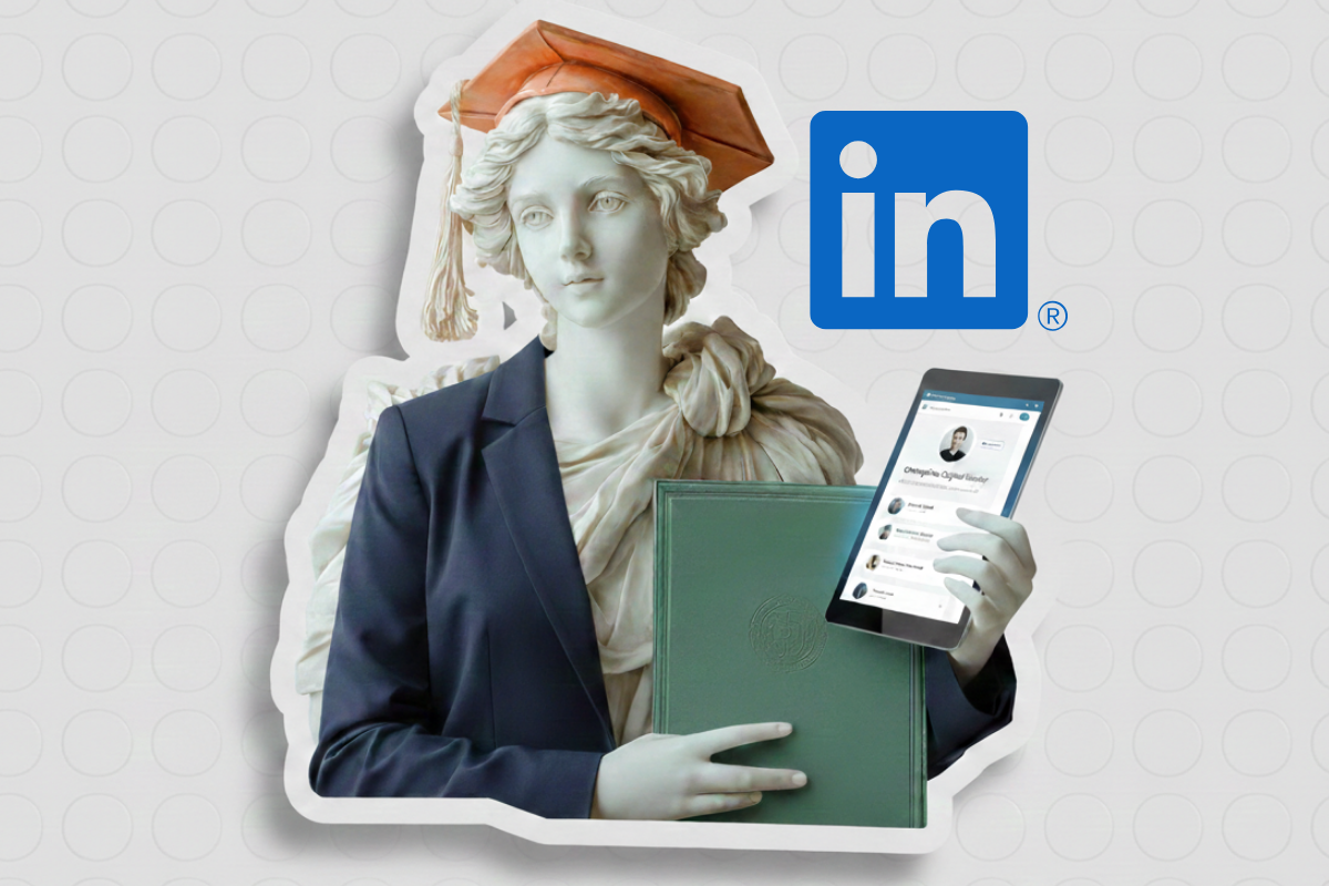 Ilustração em estilo colagem 3D sobre como criar conteúdo para o LinkedIn, apresentando uma estátua clássica de mármore vestindo um blazer moderno e capelo acadêmico. Ela segura um tablet com interface de rede social e um diploma, simbolizando autoridade e carreira sobre um fundo cinza neomórfico.