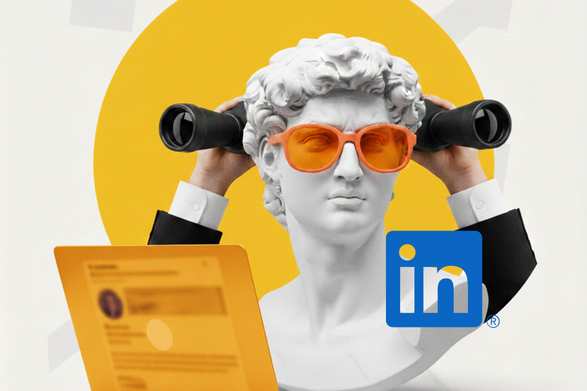 Uma colagem digital surrealista moderna apresenta um busto de estátua de mármore com óculos de sol laranja vibrantes, olhando para frente. Mãos de terno seguram binóculos atrás de sua cabeça, emolduradas por um grande círculo amarelo sólido. Na frente, um laptop laranja exibe um perfil de mídia social borrado. A imagem representa visualmente "como deixar o perfil do LinkedIn atrativo", com um toque criativo e profissional.