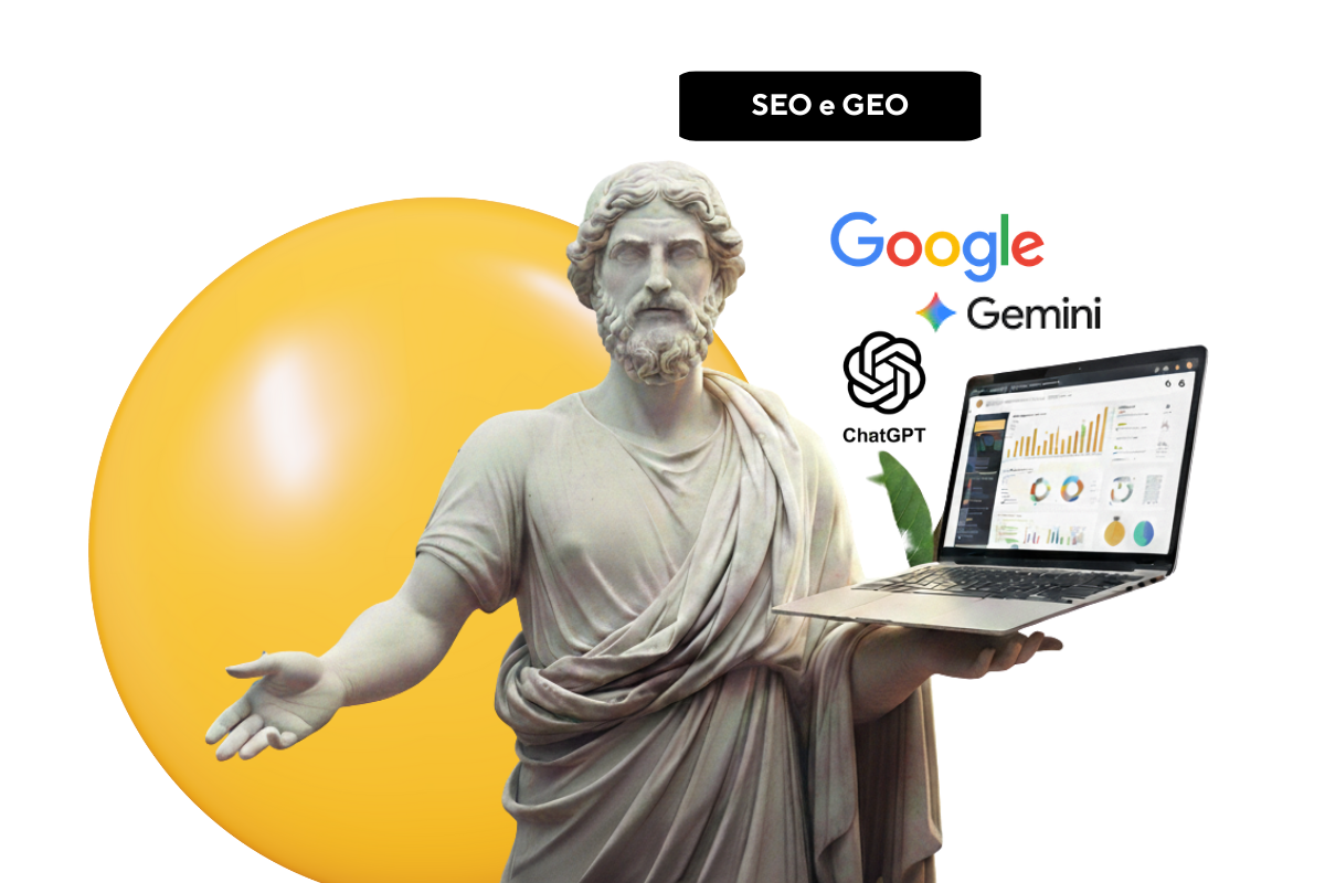 Uma montagem digital criativa ilustrando como fazer SEO e GEO na era da inteligência artificial. No centro, uma estátua clássica grega segura um notebook que exibe gráficos de análise de dados. Ao fundo, uma grande esfera amarela e os logotipos do Google, Gemini e ChatGPT, sob o título "SEO e GEO".