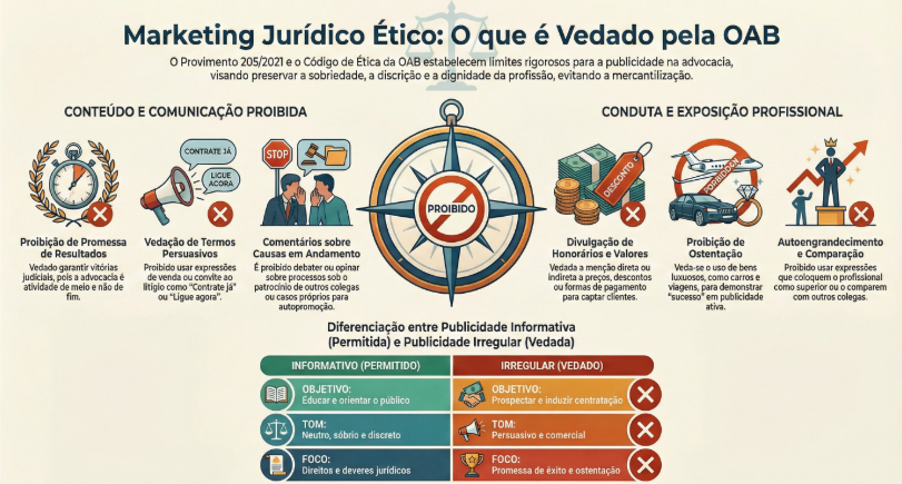 Imagem de um Infográfico sobre Marketing Jurídico Ético segundo a OAB. A imagem apresenta o que é vedado na publicidade da advocacia conforme o Provimento 205/2021 e o Código de Ética. À esquerda, lista conteúdos proibidos, como promessa de resultados, uso de termos persuasivos, comentários sobre processos em andamento e autopromoção. À direita, destaca condutas vedadas, como divulgação de honorários, ostentação de bens, comparação com outros profissionais e autopromoção. Na parte inferior, há uma comparação entre publicidade informativa permitida, com foco educativo, tom neutro e orientação jurídica, e publicidade irregular vedada, de caráter comercial, persuasivo e voltada à captação de clientes.