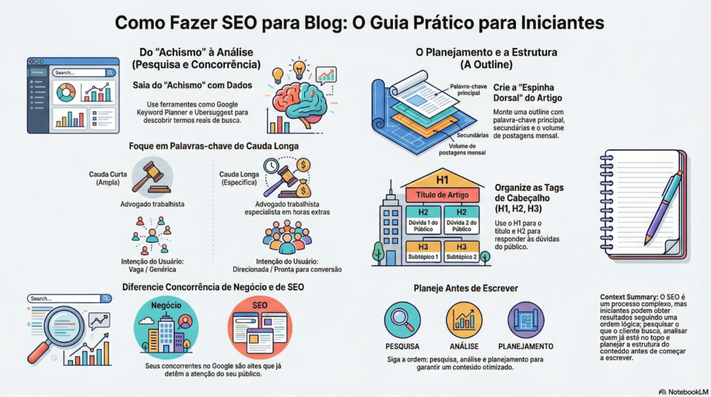 Um infográfico educativo intitulado "Como fazer SEO para Blog: O Guia Prático para Iniciantes". A imagem apresenta um passo a passo ilustrado dividido em seções: pesquisa de palavras-chave (cauda curta vs. cauda longa), análise de concorrência de busca, planejamento de estrutura (outline) com foco em tags de cabeçalho (H1, H2, H3) e a importância de basear o conteúdo em dados e intenção do usuário antes de iniciar a escrita.