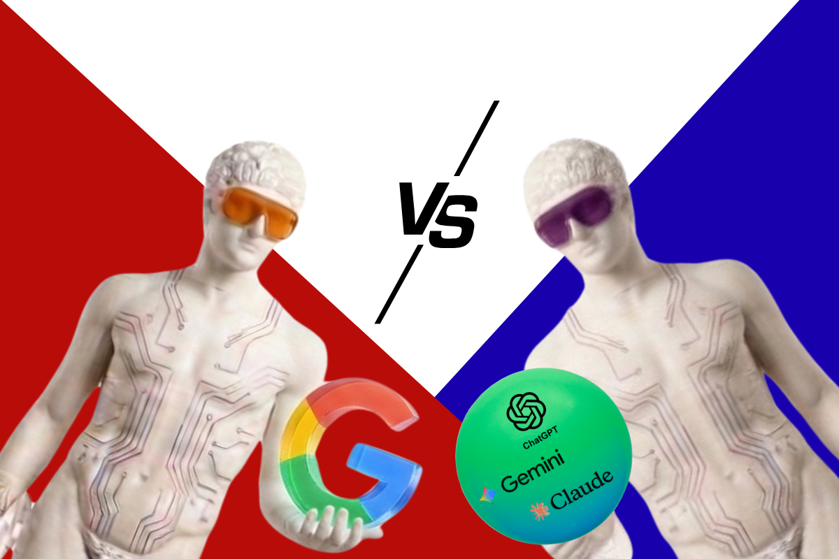 Duas estátuas clássicas com estética futurista, comparando GEO e SEO. À esquerda, sobre fundo vermelho, uma figura segura o logo do Google (SEO tradicional); à direita, sobre fundo azul, outra figura segura uma esfera com logos do ChatGPT, Gemini e Claude, representando a otimização para motores generativos (GEO). O centro exibe o ícone 'VS' indicando a disputa tecnológica
