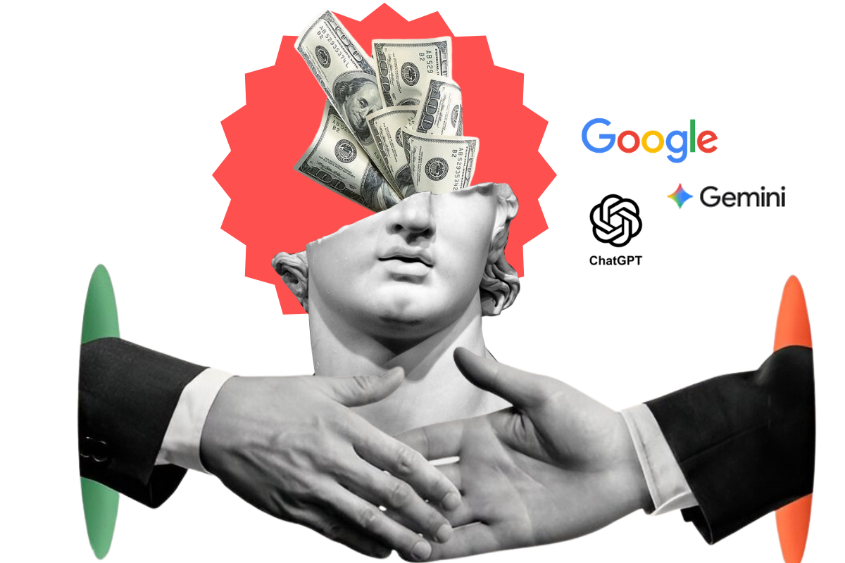 Colagem digital conceitual sobre o valor estratégico de contratar especialista em SEO, apresentando um busto clássico com notas de dólar saindo do topo da cabeça sobre um fundo vermelho. Ao lado, os logotipos do Google, Gemini e ChatGPT simbolizam a IA na busca, enquanto mãos em trajes formais se cumprimentam na base, representando parcerias de negócios bem-sucedidas.