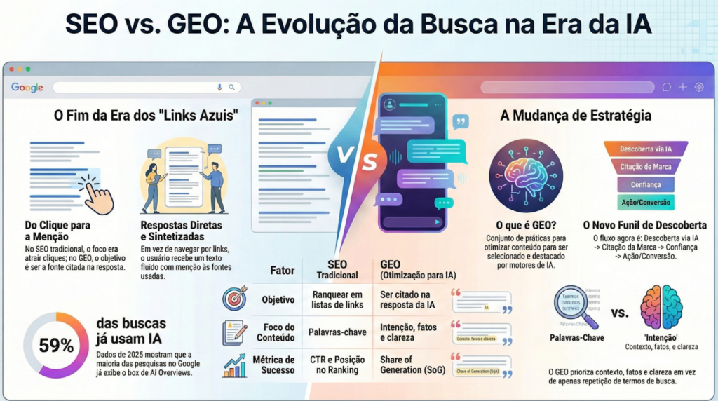 Imagem de um infográfico sobre GEO e SEO, que compara o SEO tradicional com o GEO (otimização para mecanismos de inteligência artificial). À esquerda, explica o fim da era dos “links azuis”, destacando a transição do clique para a menção e a entrega de respostas diretas e sintetizadas. Apresenta dado de que 59% das buscas já utilizam IA. No centro, há uma tabela comparando fatores como objetivo, foco do conteúdo e métricas de sucesso: no SEO tradicional, o foco é ranquear por palavras-chave e posição; no GEO, o objetivo é ser citado na resposta da IA, priorizando intenção, fatos e clareza, com métrica de “share of generation”. À direita, descreve a mudança estratégica, o novo funil de descoberta e a diferença entre otimização por palavras-chave e otimização por intenção e contexto.