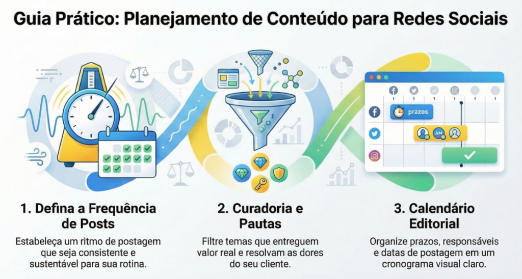 Infográfico explicativo sobre estratégia de conteúdo para redes sociais intitulado "Guia Prático: Planejamento de Conteúdo para Redes Sociais". O design apresenta um fluxo em três etapas conectadas por uma linha sinuosa:Defina a Frequência de Posts: ilustrado por um cronômetro e calendário, enfatizando um ritmo consistente e sustentável.Curadoria e Pautas: representado por um funil filtrando ícones de diamantes e chaves, com o objetivo de entregar valor real e resolver as dores do cliente.Calendário Editorial: exibindo uma interface de cronograma visual para organizar prazos, responsáveis e datas de postagem.