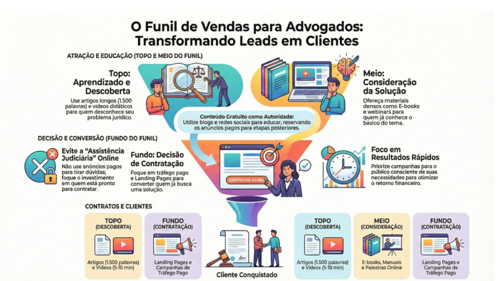 Infográfico intitulado "O Funil de Vendas para Advogados", que detalha a jornada do cliente em três etapas:Topo (Aprendizado): Foco em atração com artigos longos e vídeos didáticos para quem desconhece o problema.Meio (Consideração): Uso de materiais ricos (e-books e webinars) para quem já busca soluções.Fundo (Decisão): Uso de Landing Pages e tráfego pago para conversão imediata, evitando gastar anúncios com dúvidas genéricas.O gráfico utiliza ilustrações modernas de profissionais, livros e ícones digitais, culminando na imagem de um "Cliente Conquistado" assinando um contrato. O design é organizado em blocos coloridos que se estreitam em formato de funil central.
