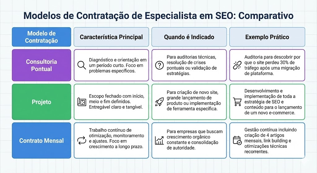 Imagem de tabela intitulada “Modelos de Contratação de Especialista em SEO: Comparativo”. A imagem apresenta três modelos de como contratar especialista em SEO: consultoria pontual, projeto e contrato mensal. A consultoria pontual envolve diagnóstico e orientação em período curto, indicada para auditorias técnicas ou resolução de crises, com exemplo de análise de queda de tráfego após migração de plataforma. O modelo por projeto tem escopo fechado, com início, meio e fim definidos, indicado para criação de site ou grandes lançamentos, como implementação completa de estratégia de SEO para novo e-commerce. Já o contrato mensal envolve trabalho contínuo de otimização, monitoramento e ajustes, indicado para empresas que buscam crescimento orgânico constante e consolidação de autoridade, incluindo produção de conteúdo e otimizações recorrentes.