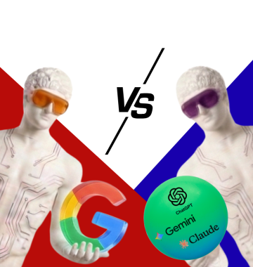 Duas estátuas clássicas com estética futurista, comparando GEO e SEO. À esquerda, sobre fundo vermelho, uma figura segura o logo do Google (SEO tradicional); à direita, sobre fundo azul, outra figura segura uma esfera com logos do ChatGPT, Gemini e Claude, representando a otimização para motores generativos (GEO). O centro exibe o ícone 'VS' indicando a disputa tecnológica