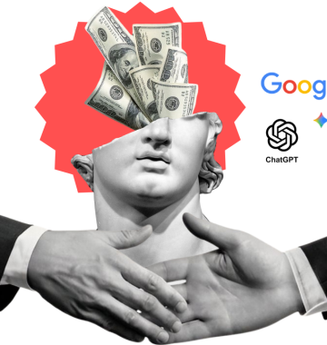 Colagem digital conceitual sobre o valor estratégico de contratar especialista em SEO, apresentando um busto clássico com notas de dólar saindo do topo da cabeça sobre um fundo vermelho. Ao lado, os logotipos do Google, Gemini e ChatGPT simbolizam a IA na busca, enquanto mãos em trajes formais se cumprimentam na base, representando parcerias de negócios bem-sucedidas.
